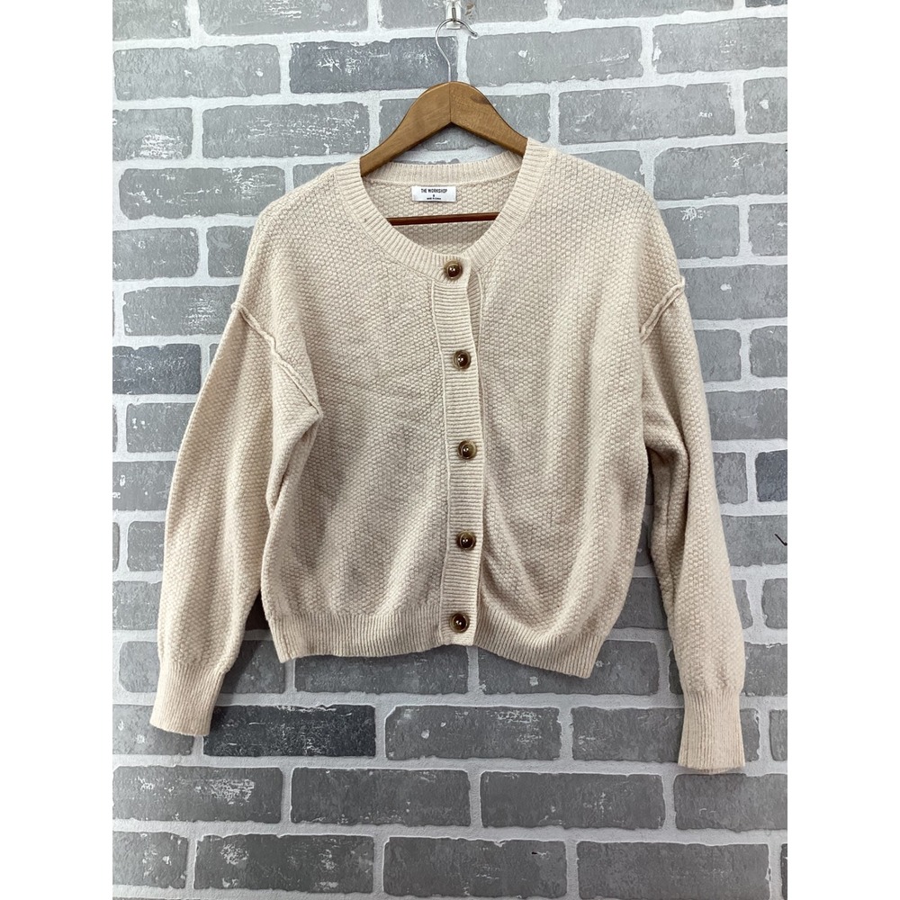 The Workshop Cream Textured Knit Button Front Cardigan Sweater Beige Small